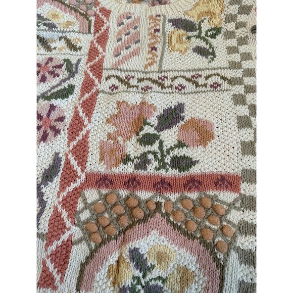 Vintage Jennifer Reed Hand Knit Cottage Core Floral Sweater Large White - Picture 2 of 6